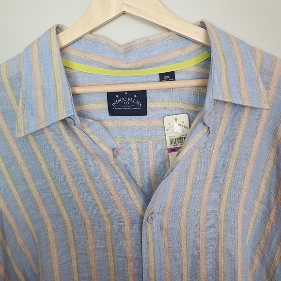 Indigo Palms Linen Button Up shirt Mens XXL Blue Orange Stripes Coastal New - Picture 7 of 12